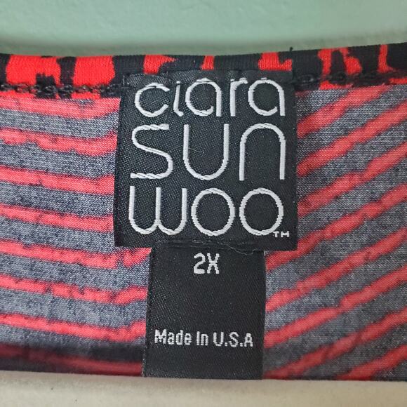 Clara Sun Woo Womens Black Red Striped Asymmetric Tunic Blouse Top Size 2X - Picture 3 of 5